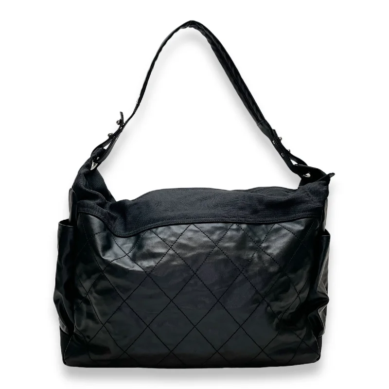 Biarritz Black Shoulder Bag in Coated Canvas, Silver hardware