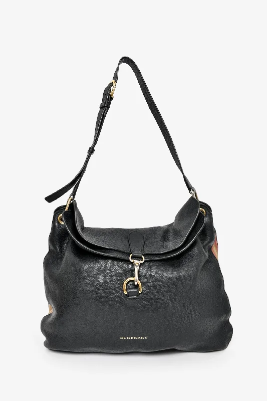 Burberry Black Grained Leather 'Cornwall' Shoulder Bag w/ Beige Check Sides