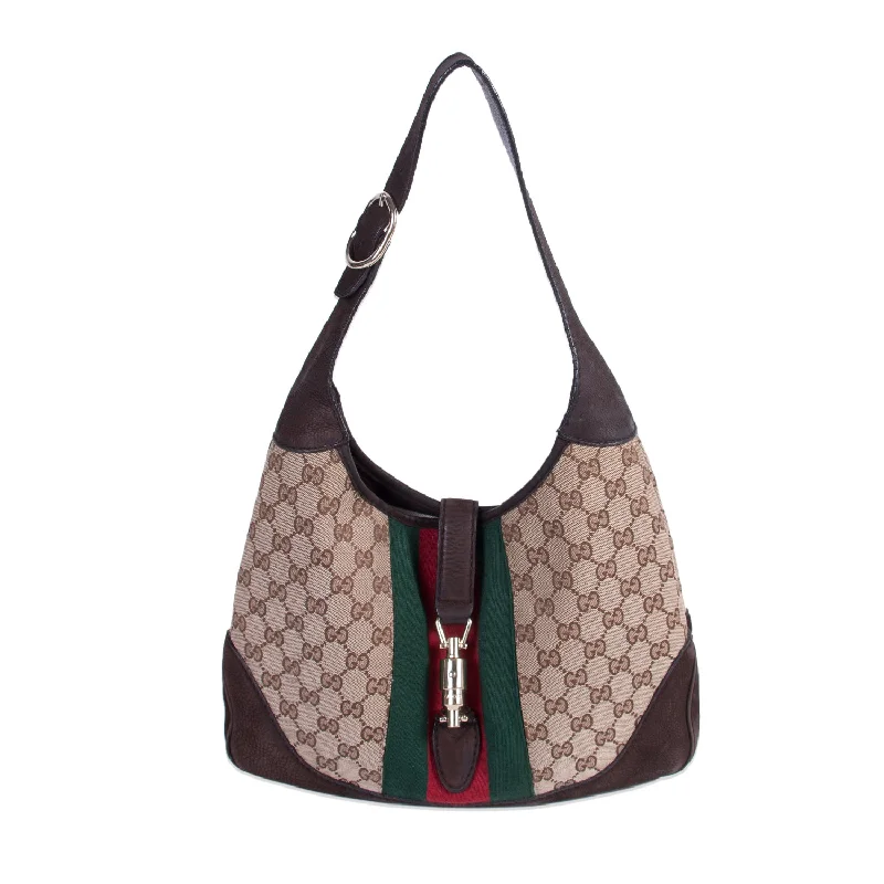 Gucci Jackie Web Stripe Canvas Suede Shoulder Bag