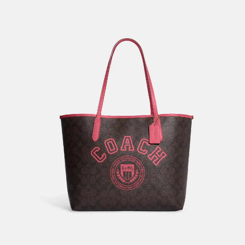 Coach Outlet City Tote In Signature Canvas With Varsity Motif