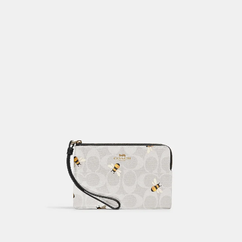 Coach Outlet Corner Zip Wristlet In Signature Canvas With Bee Print