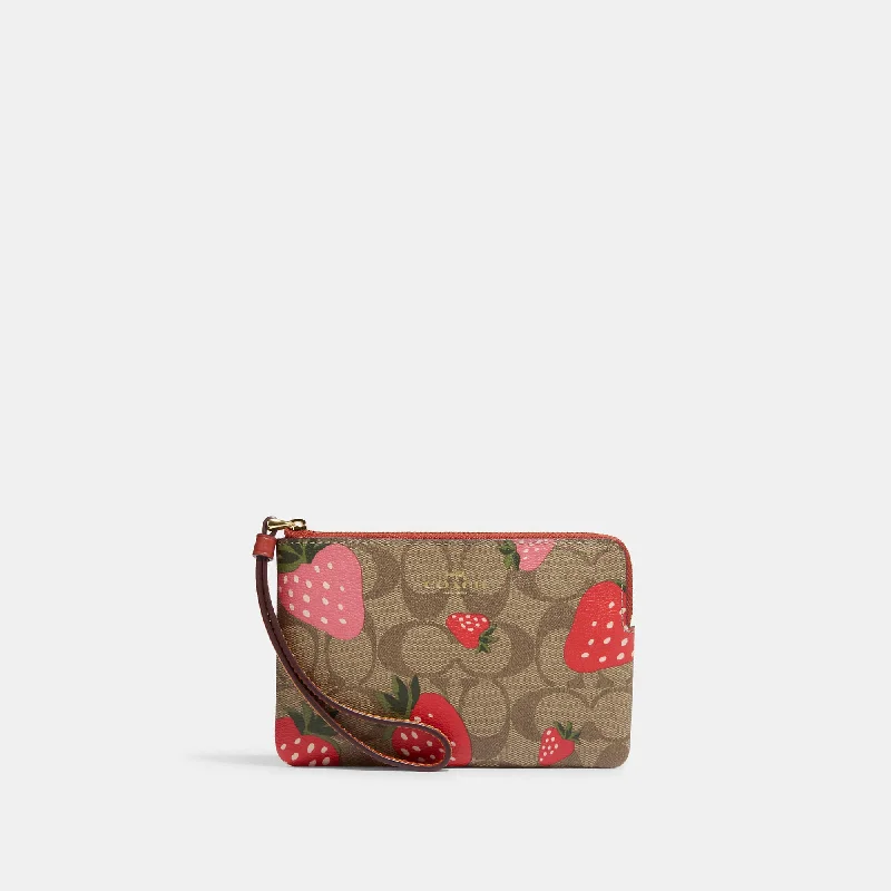 Coach Outlet Corner Zip Wristlet In Signature Canvas With Wild Strawberry Print