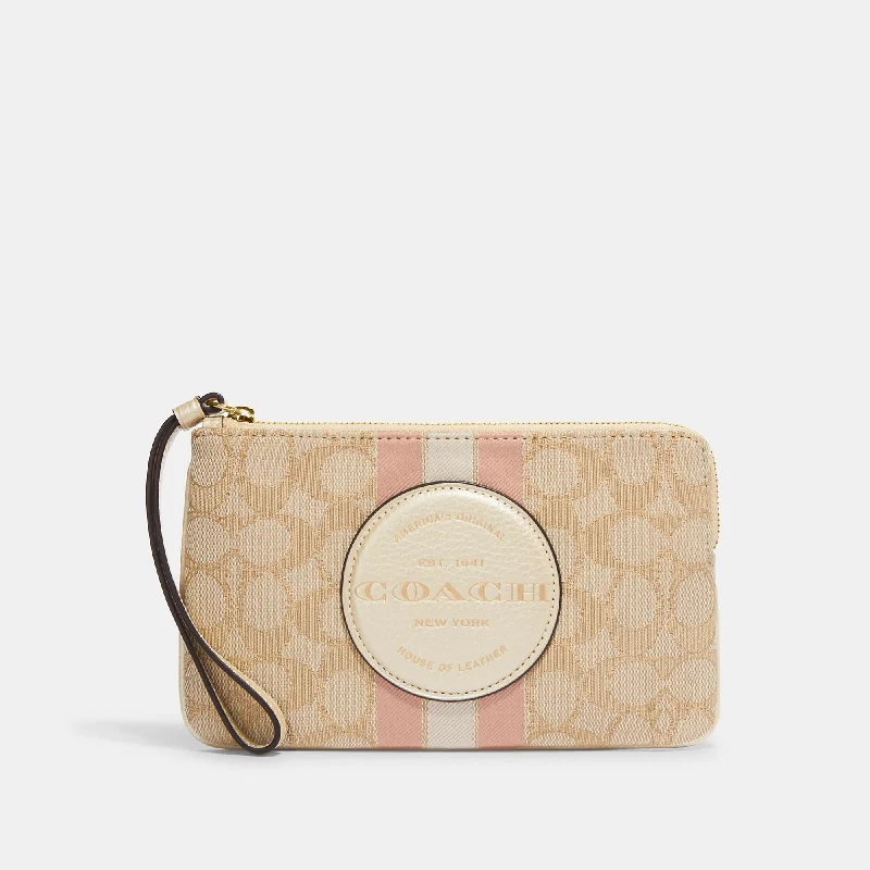 Coach Outlet Dempsey Large Corner Zip Wristlet In Signature Jacquard With Stripe And Coach Patch