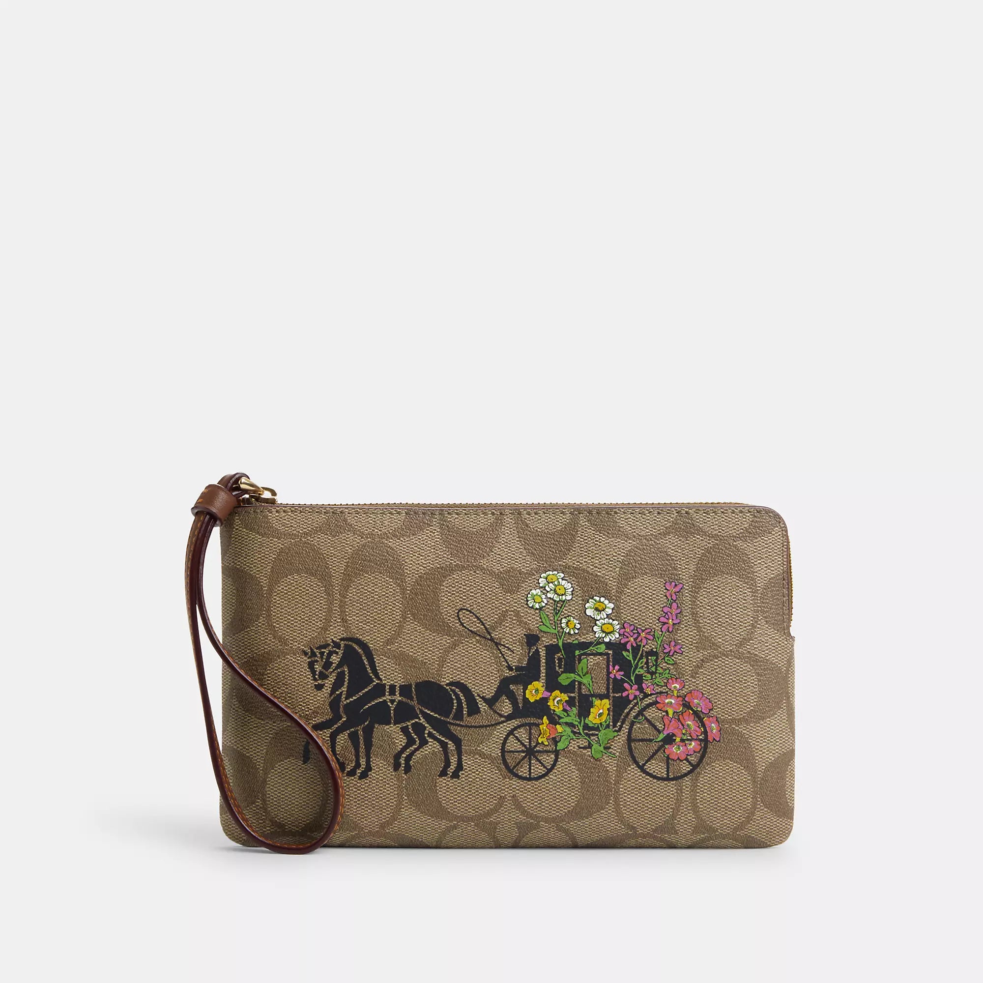 Coach Outlet Large Corner Zip Wristlet In Signature Canvas With Floral Horse And Carriage