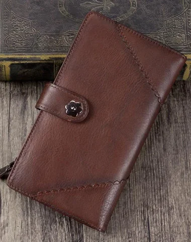 Vintage Leather Womens Coffee Long Clutch Wallet Brown Bifold Purse Long Wallet for Ladies