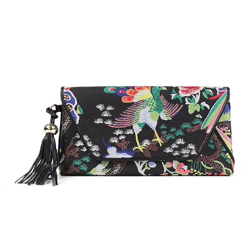 Desti Saint Chinoiserie Suede Envelope Clutch Black