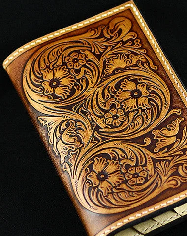 Handmad eleather men wallet floral carved leather custom long wallet w/card holders for men/women