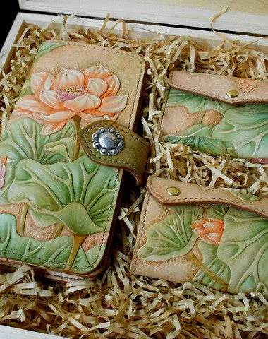 Handmade Womens Long Wallet tooled lotus flower leather long wallet for women