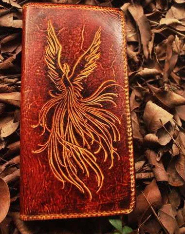 Handcraft vintage distress phoenix leather hand dyed long wallet for men/women