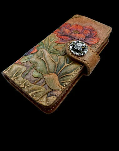 Handcraft vintage hand painting lotus flower leather long wallet for women