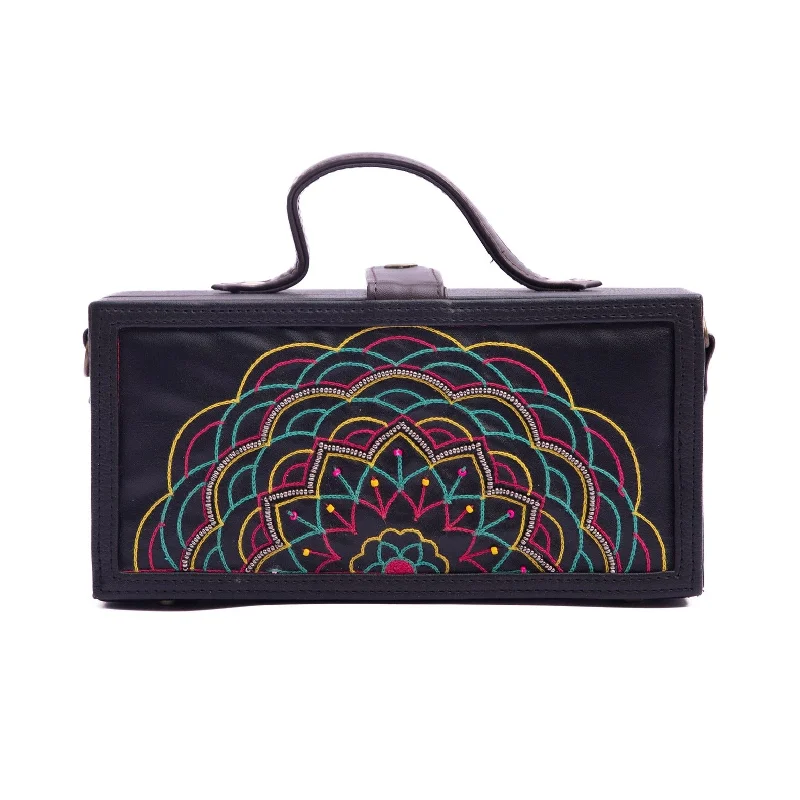 Mandala Vegan Leather hand embroidered women crossbody clutch bag