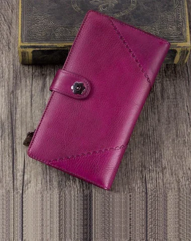 Vintage Leather Womens Purple Long Clutch Wallet Brown Bifold Purse Long Wallet for Ladies