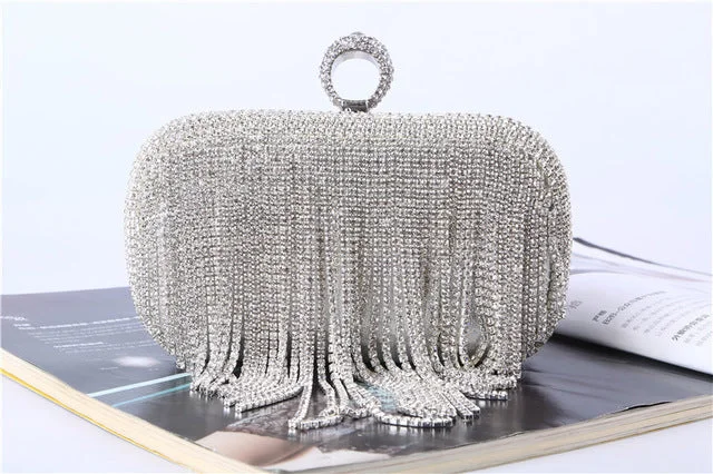 Tassel Rhinestone Silver Clutch