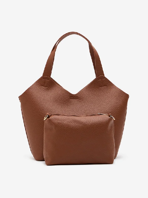 Westside Accessories Tan Textured Tote Bag with a Pouch